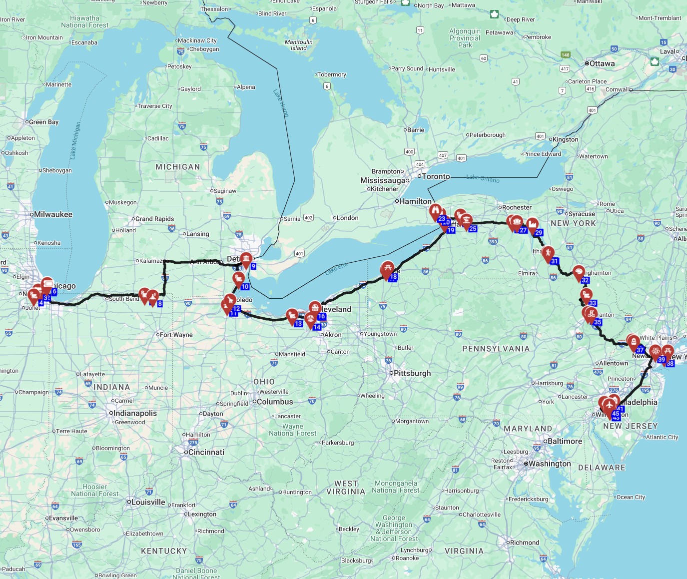 RV route planner free trail from Chicago to Philadelphia USA Road trip